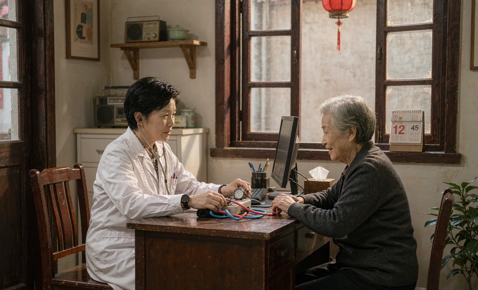 慢病管理科医师为老年患者测量血压并记录随访